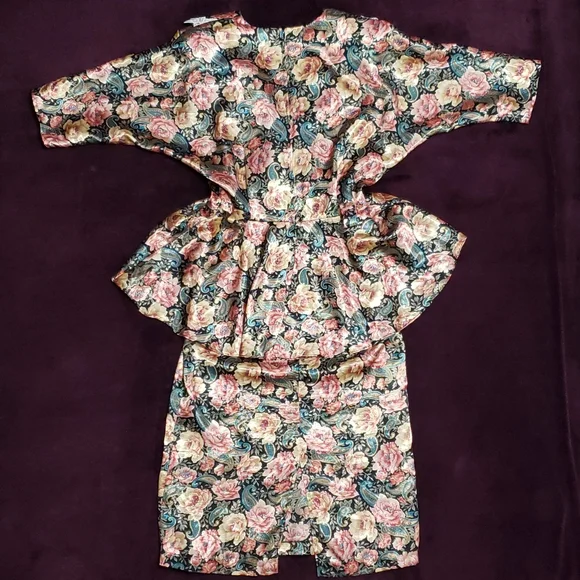 RARE!! Vintage Floral & Lace Peplum V Neck Pencil Skirt Formal Mini Midi Dress - Picture 4 of 11